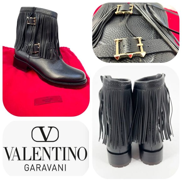 Auc NWOB Valentino Garavani Rockstud Fringe Trim Leather Biker Moto Combat Boots